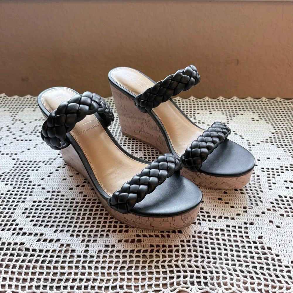 LC‎ Lauren Conrad Braided Strap Cork Wedge Sandals Black Size 9.5